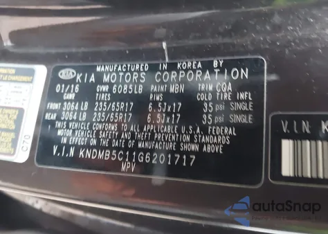 2016 Kia Sedona Lx из США, поврежденный, VIN KNDMB5C11G6201717